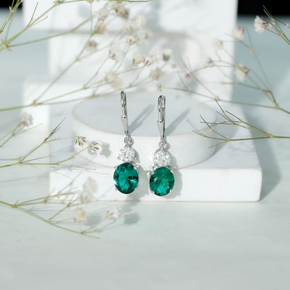 Certified 6 Carat Oval Cut Lab Grown Emerald Drop Hoop Earrings