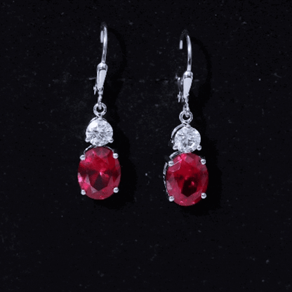 Oval Shape Lab Created Ruby Dangle Drop Earrings with Moissanite