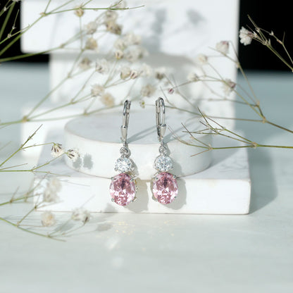 8 Carat Oval Lab Grown Pink Sapphire Drop Hoop Earrings