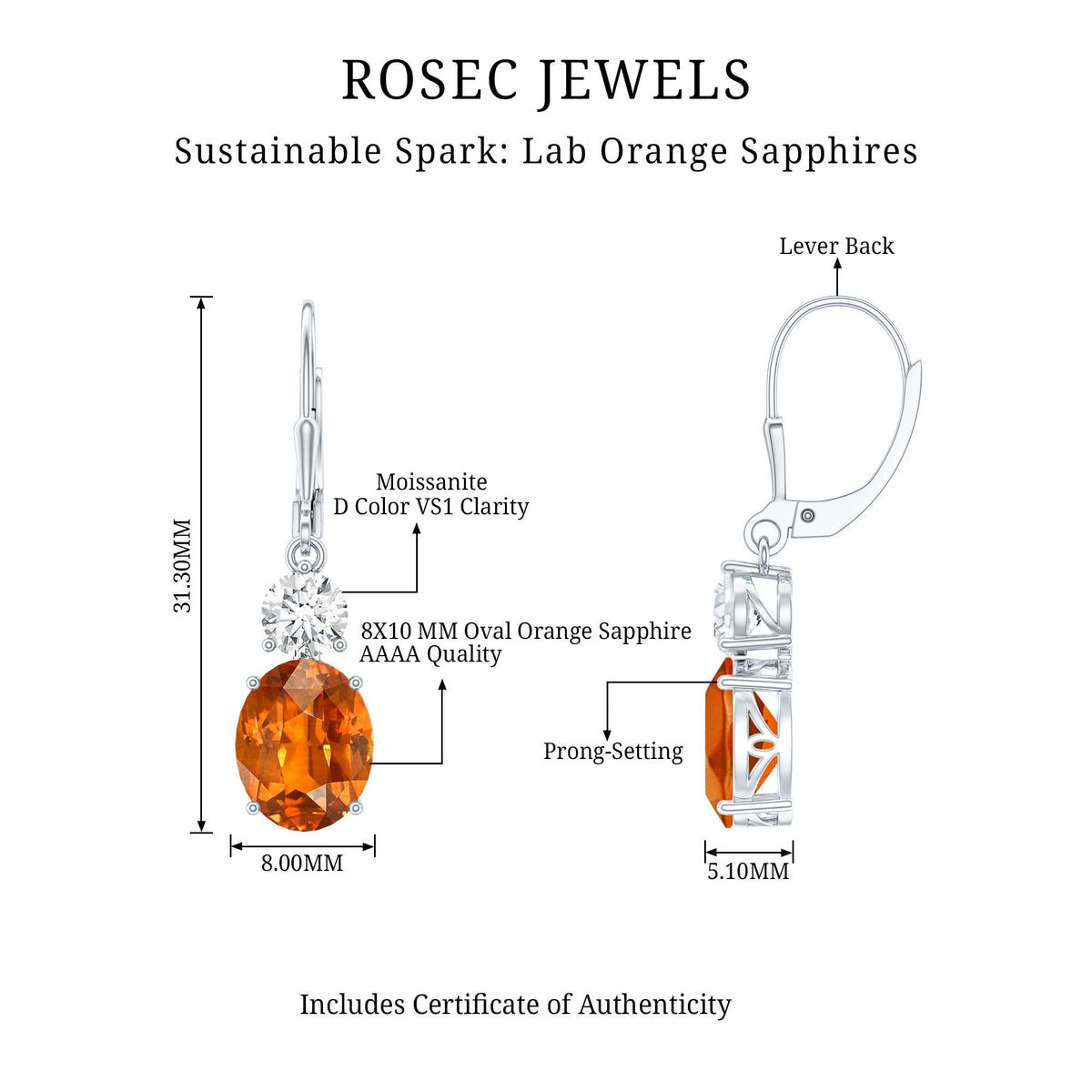 Certified 8 Carat Lab Grown Orange Sapphire Drop Earrings with Moissanite