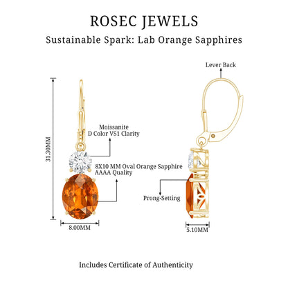 Certified Lab Grown Orange Sapphire And Moissanite Drop Dangle Earrings
