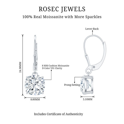 Certified 6 Carat Cushion Cut Moissanite Drop Earrings