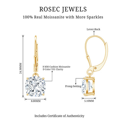 Certified 6 Carat Cushion Cut Moissanite Drop Earrings