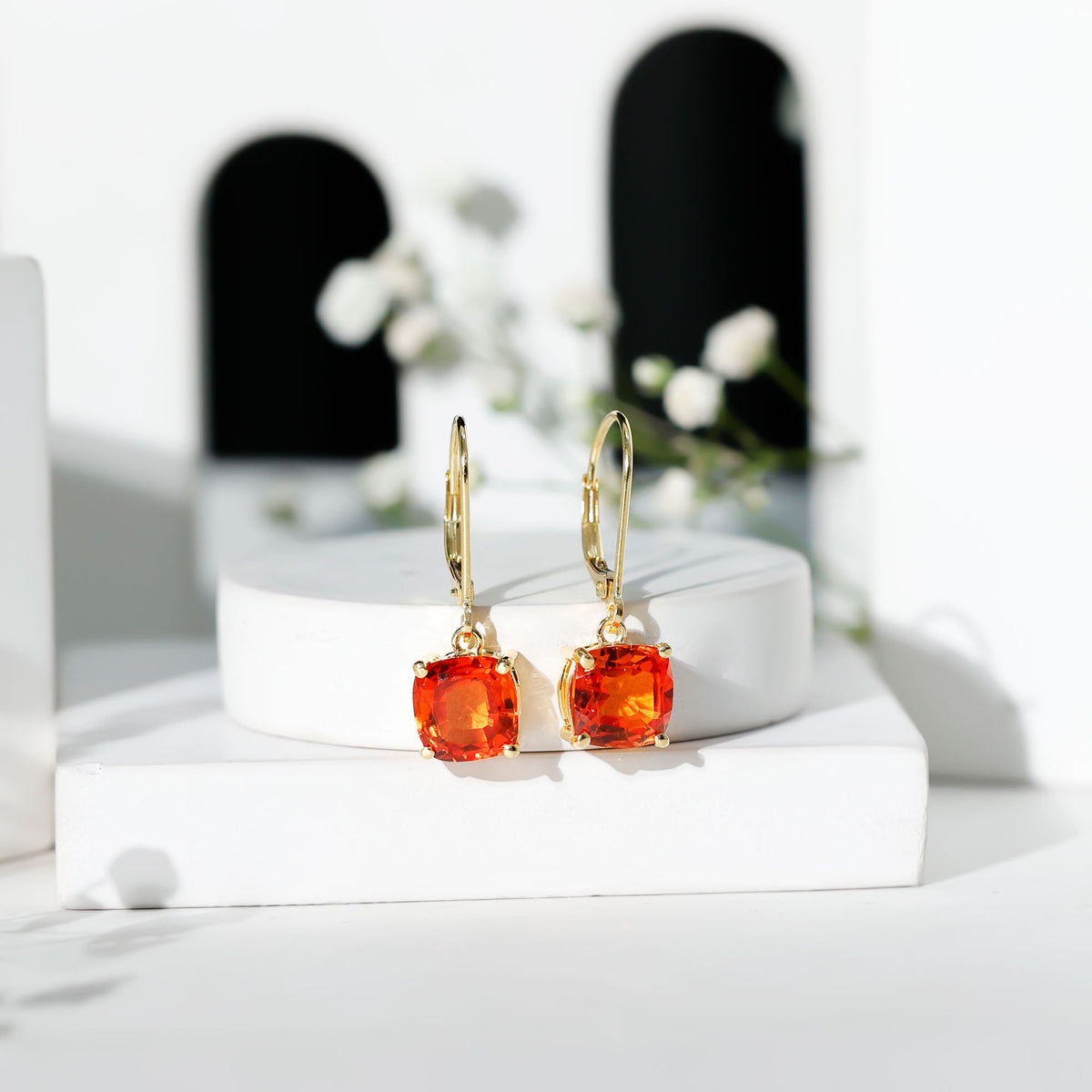 5.5 CT Cushion Cut Lab Created Orange Sapphire Drop Earrings