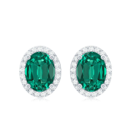 Classic Oval Shaped Lab Grown Emerald and Diamond Halo Stud Earrings