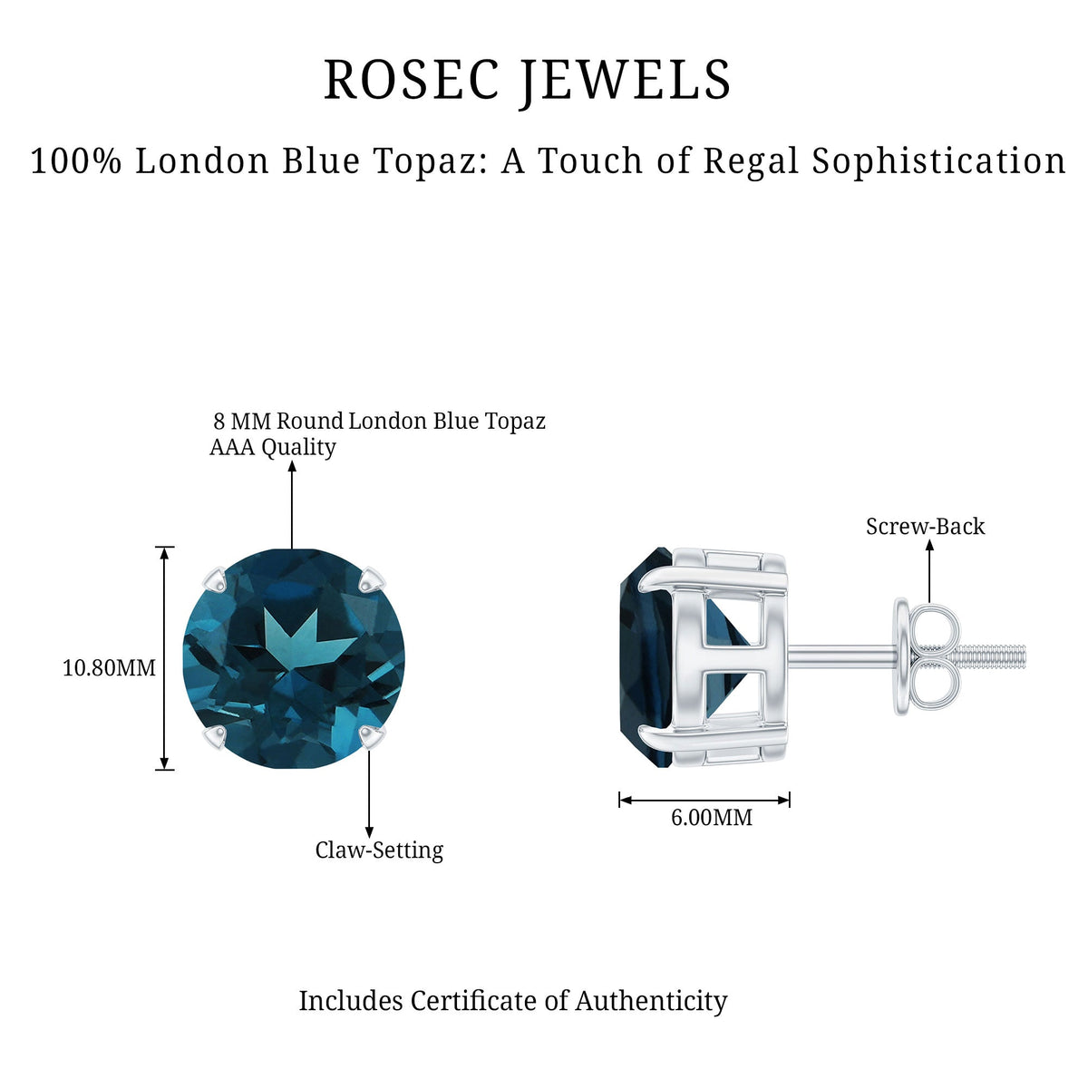Solitaire 4 Carat London Blue Topaz Stud Earrings with Screw Backs