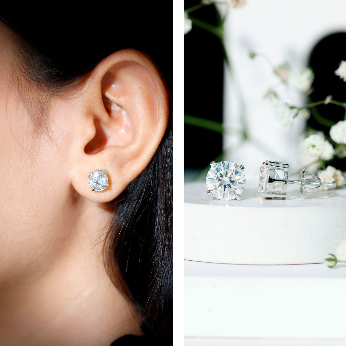 Certified 4 Carat Moissanite Stud Earrings in Silver