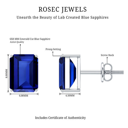 3.5 CT Emerald Cut Lab Created Blue Sapphire Big Stud Earrings