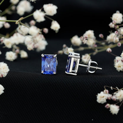 3.5 CT Emerald Cut Lab Created Blue Sapphire Big Stud Earrings
