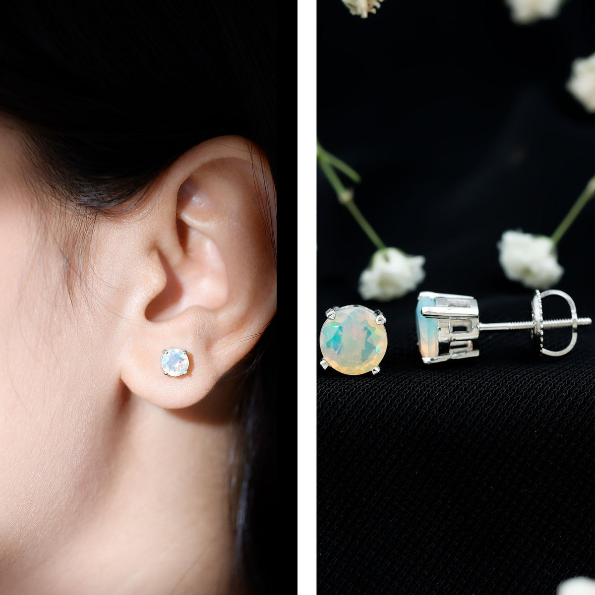 1.6 Carat Solitaire Ethiopian Opal Stud Earrings in Silver
