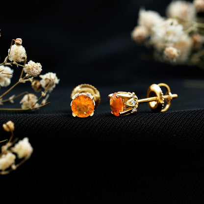Solitaire Fire Opal Stud Earrings with Diamond Accent