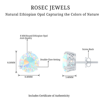 4 Carat Ethiopian Opal Solitaire Stud Earrings in Double Prong Setting