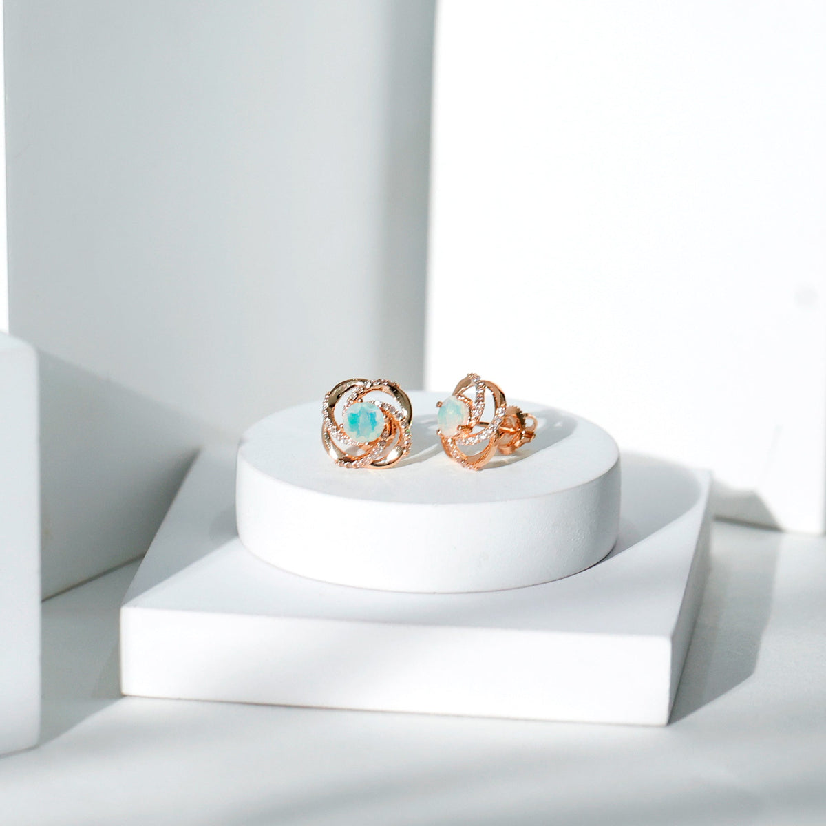 Genuine Ethiopian Opal and Diamond Swirl Stud Earrings