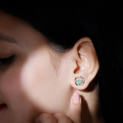 Genuine Ethiopian Opal and Diamond Swirl Stud Earrings