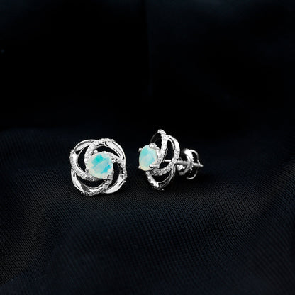 Genuine Ethiopian Opal and Diamond Swirl Stud Earrings
