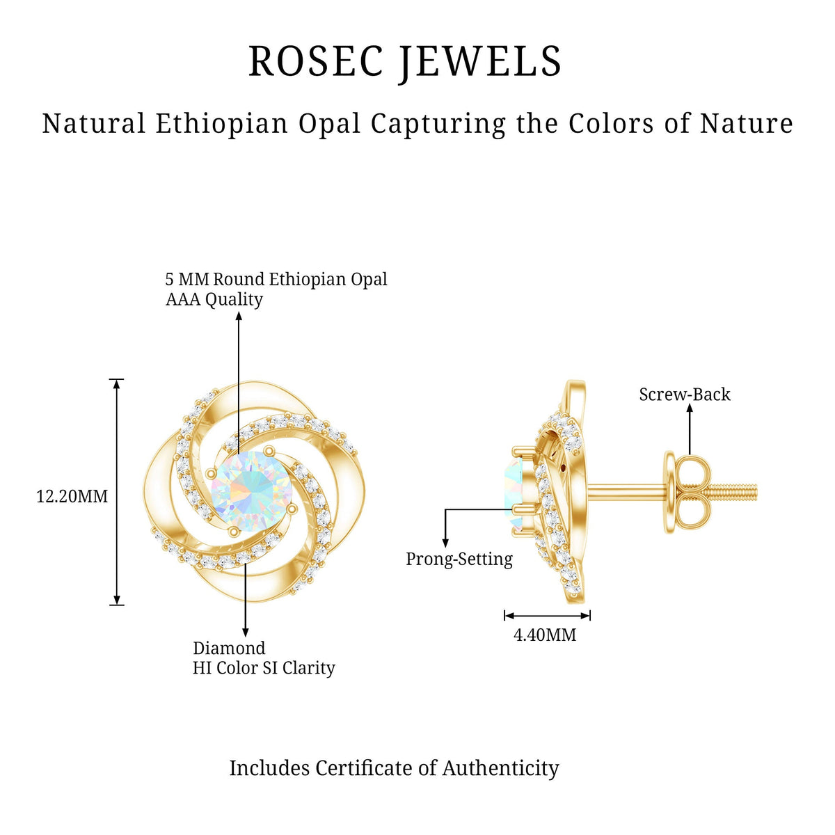 Genuine Ethiopian Opal and Diamond Swirl Stud Earrings