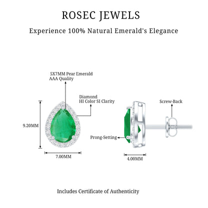 Natural 1.3 Carat Pear Shape Emerald Stud Earrings with Diamond Halo