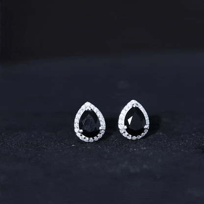 2 Carat Pear Cut Black Onyx and Diamond Halo Stud Earrings