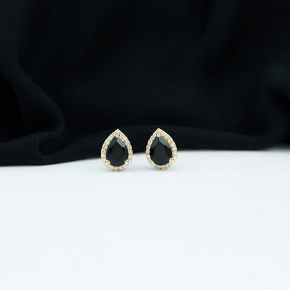 2 Carat Pear Cut Black Onyx and Diamond Halo Stud Earrings