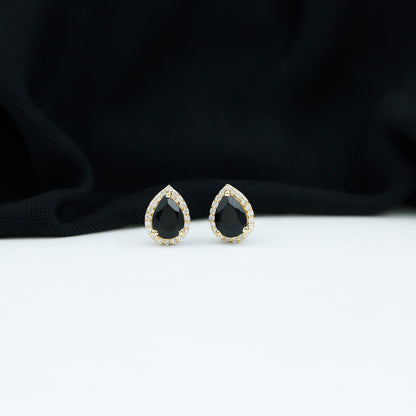 Lab Created Black Diamond Teardrop Stud Earrings with Diamond Halo