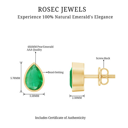 Genuine Emerald Teardrop Stud Earrings in Bezel Setting