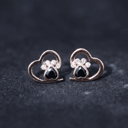 Heart Shape Black Onyx and Diamond Paw Stud Earrings