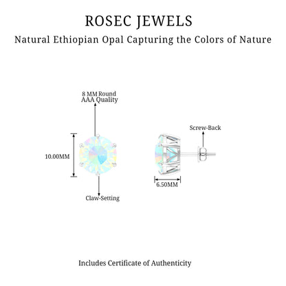 4 Carat Genuine Round Ethiopian Opal Solitaire Stud Earrings