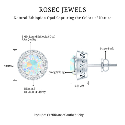 1.6 Carat Round Ethiopian Opal and Diamond Halo Stud Earrings