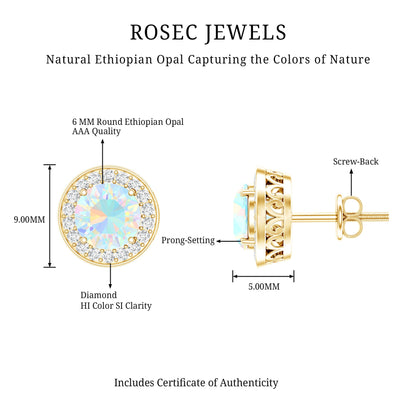 1.6 Carat Round Ethiopian Opal and Diamond Halo Stud Earrings