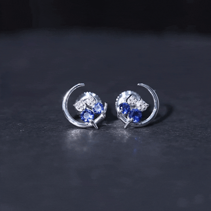 Lab Grown Blue Sapphire and Diamond Cat and Moon Stud Earrings