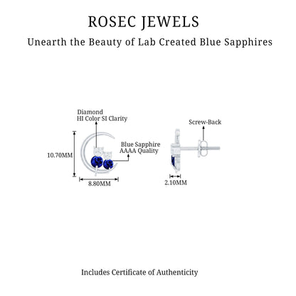 Lab Grown Blue Sapphire and Diamond Cat and Moon Stud Earrings