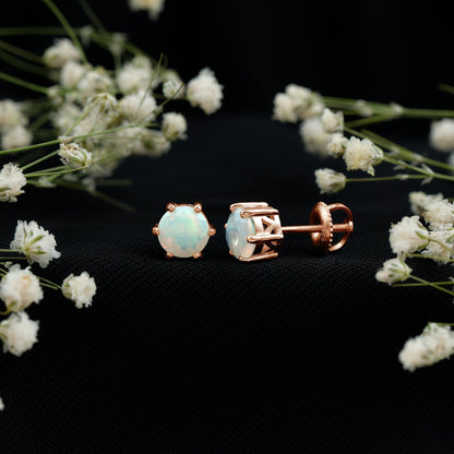 1.6 Carat Round Ethiopian Opal Solitaire Stud Earrings in 6 Claw Setting