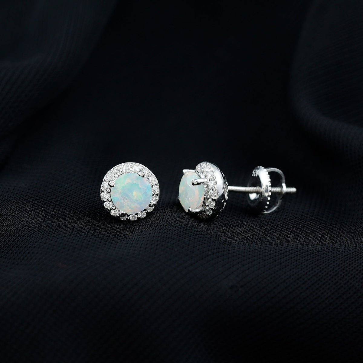 Natural Ethiopian Opal and Moissanite Halo Stud Earrings