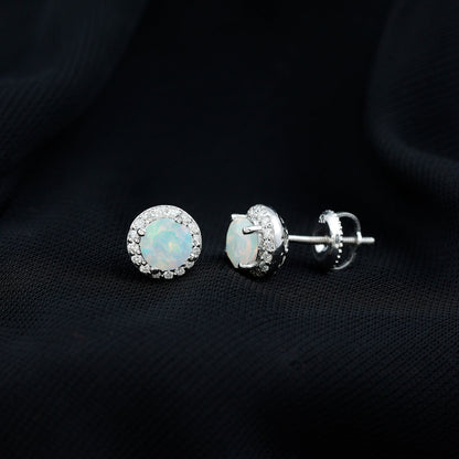 Natural Ethiopian Opal and Moissanite Halo Stud Earrings