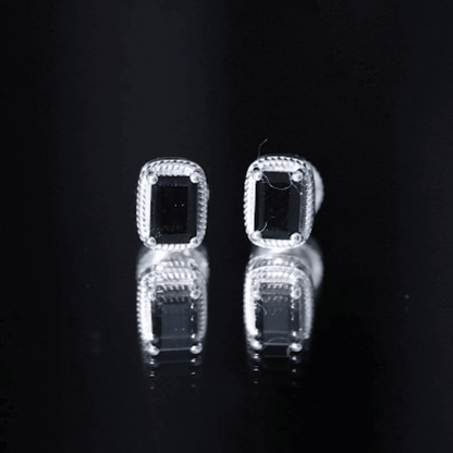 Genuine Black Onyx Emerald Cut Stud Earring with Twisted Rose Frame