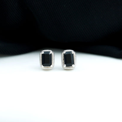 Genuine Black Onyx Emerald Cut Stud Earring with Twisted Rose Frame