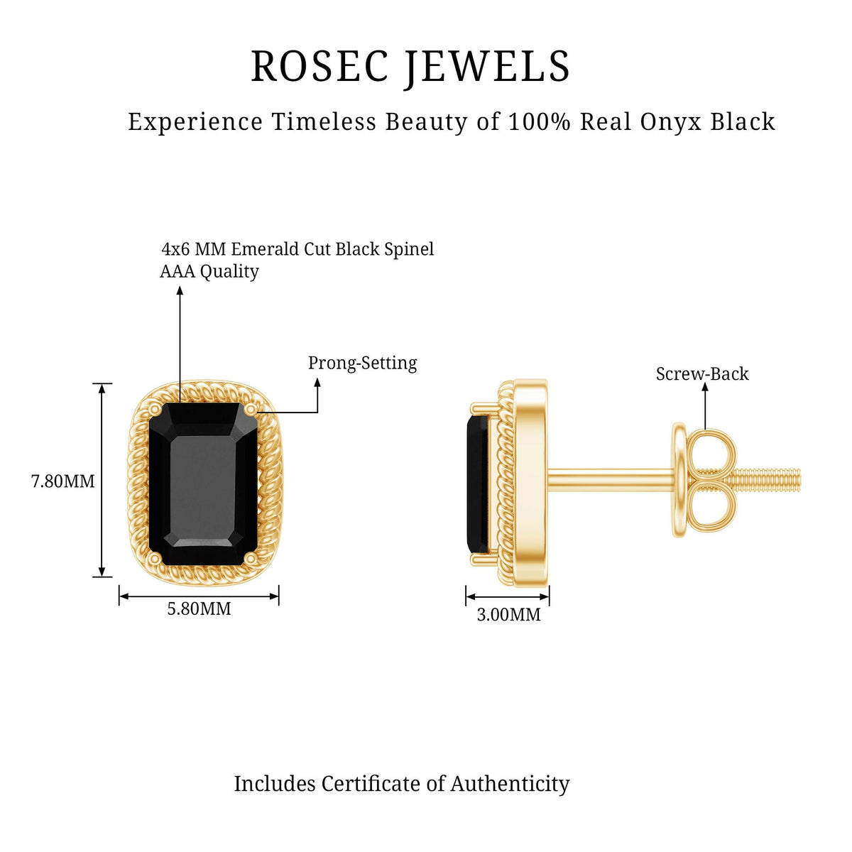 Genuine Black Onyx Emerald Cut Stud Earring with Twisted Rose Frame