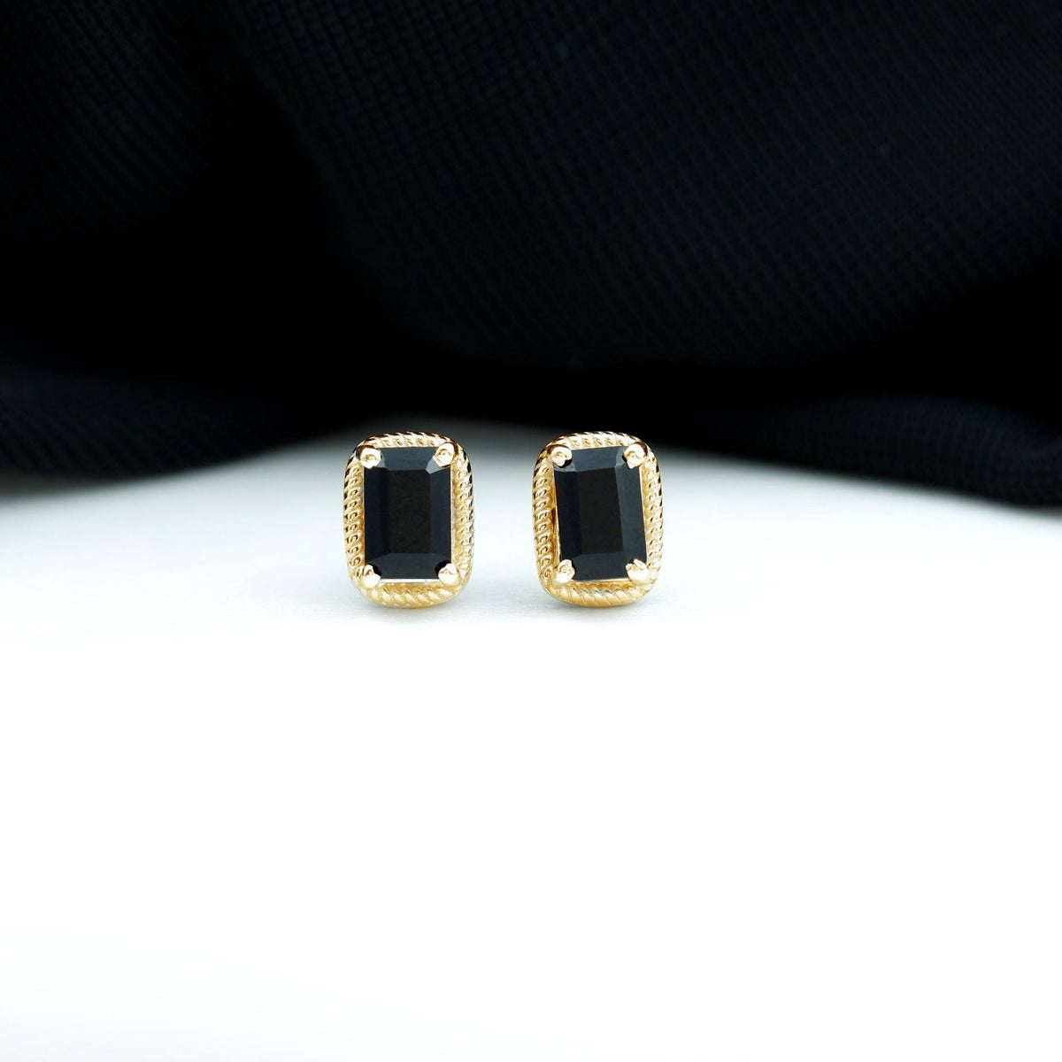 Genuine Black Onyx Emerald Cut Stud Earring with Twisted Rose Frame
