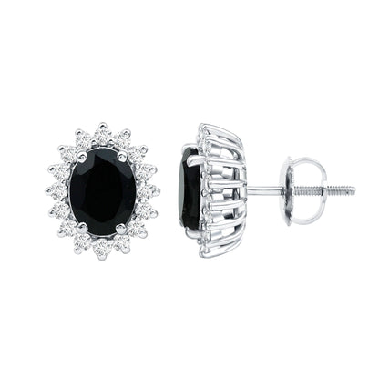 2 Carat Oval Cut Black Onyx Stud Earrings with Moissanite Halo
