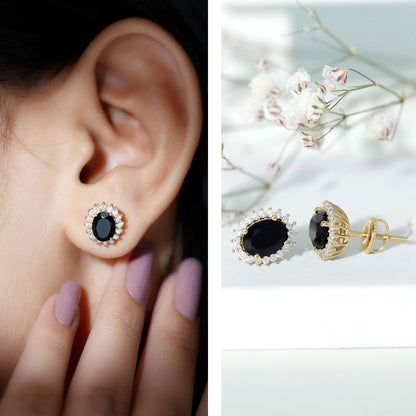 2 Carat Oval Cut Black Onyx Stud Earrings with Moissanite Halo