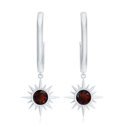 Real Garnet Sunburst Drop Hoop Earring for Women
