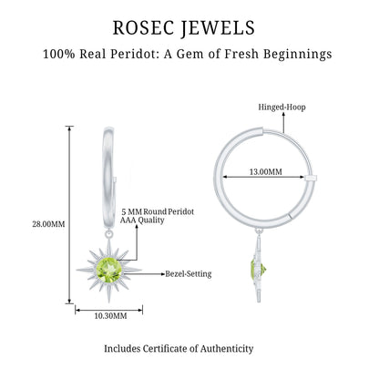 Round Shape 1 Carat Peridot Sunburst Hoop Drop Earrings For Women