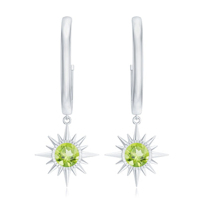 Round Shape 1 Carat Peridot Sunburst Hoop Drop Earrings For Women