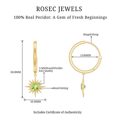 Round Shape 1 Carat Peridot Sunburst Hoop Drop Earrings For Women