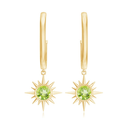 Round Shape 1 Carat Peridot Sunburst Hoop Drop Earrings For Women