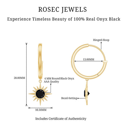 Natural Black Onyx Sunburst Hoop Drop Earrings
