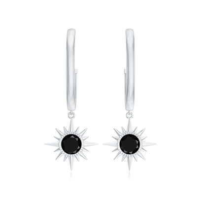 Natural Black Onyx Sunburst Hoop Drop Earrings