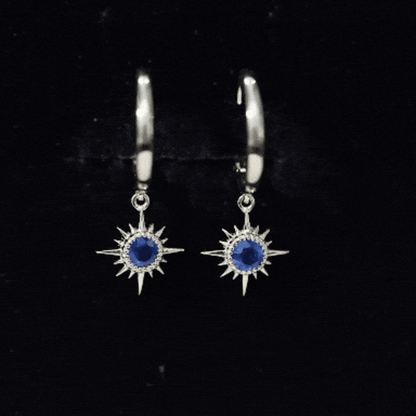 Bezel Set Blue Sapphire Sunburst Drop Hoop Earrings