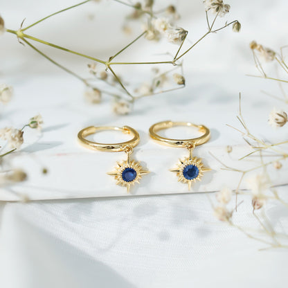Bezel Set Blue Sapphire Sunburst Drop Hoop Earrings