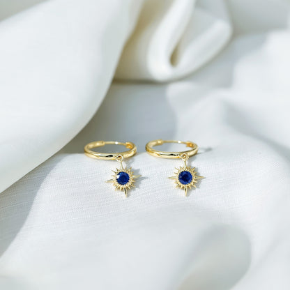 Bezel Set Blue Sapphire Sunburst Drop Hoop Earrings
